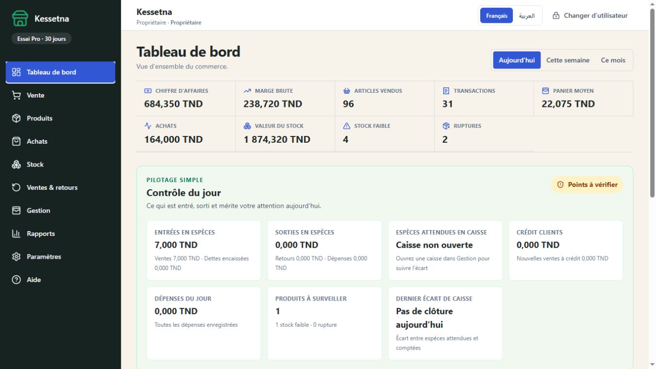 Tableau de bord Kessetna montrant les ventes, le stock et le contrôle du jour